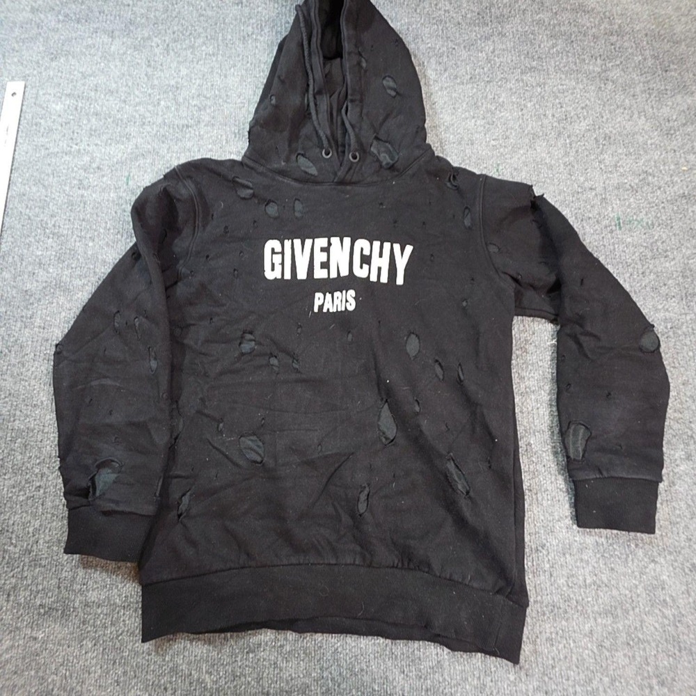 Givenchy Hoodie Mens Medium Black Pullover Destroyed Holes Paris Graphic Logo